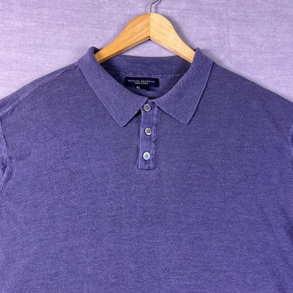 Banana Republic Polo Shirt Linen Cotton Short Sleeve Mens XL Dark Purple Blue